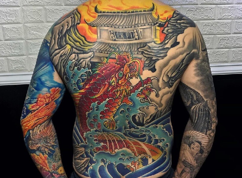 Bán Hình xăm dán tattoo kín lưng cá chép hóa rồng vượt vũ long môn 34x48cm  tặng bắp tay xinh 15x21cm  Báo Giá Rẻ 110000